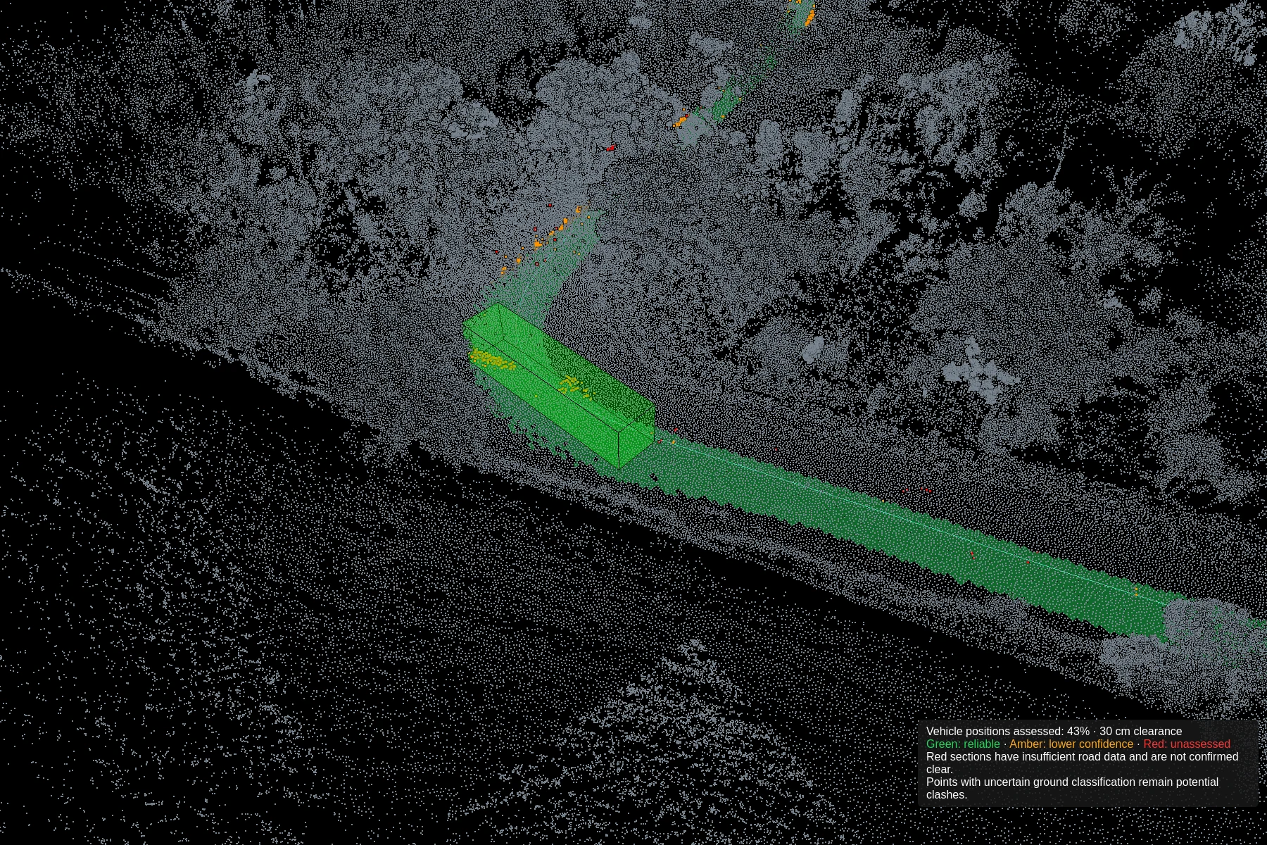 Vehicle envelope following an assessed road surface inside a scanned corridor